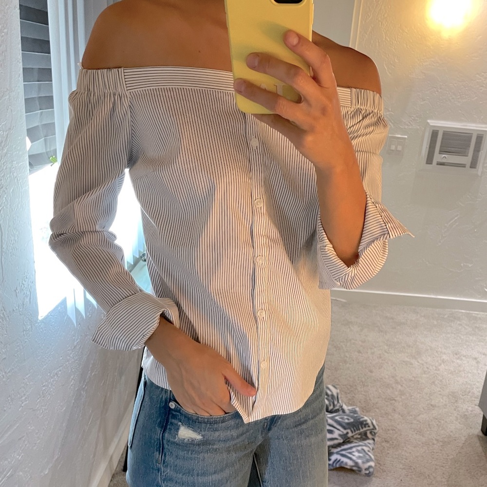 Express off the shoulder blouse - white with very thin light blue strips size S